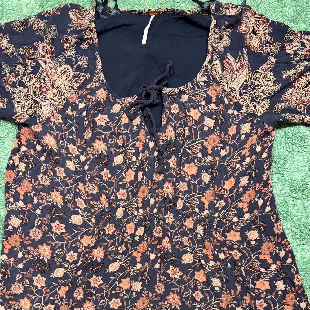 Free People Style Blue Floral Boho Tunic Top Flowy Long Sleeve - Picture 5 of 10